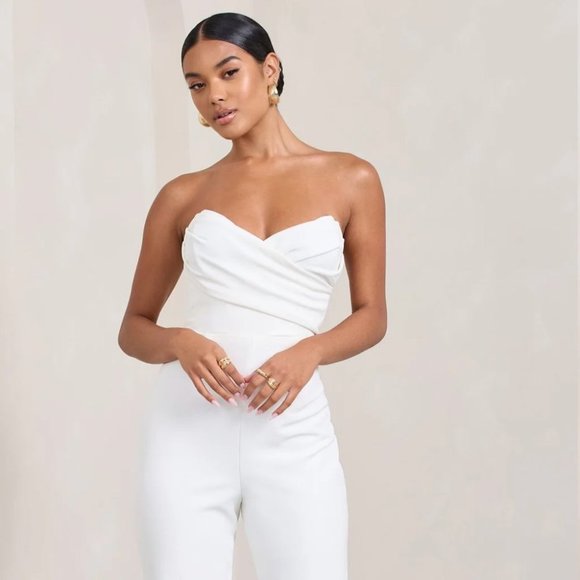 Club L London WHITE BANDEAU CORSET WIDE LEG JUMPSUIT - Picture 4 of 5